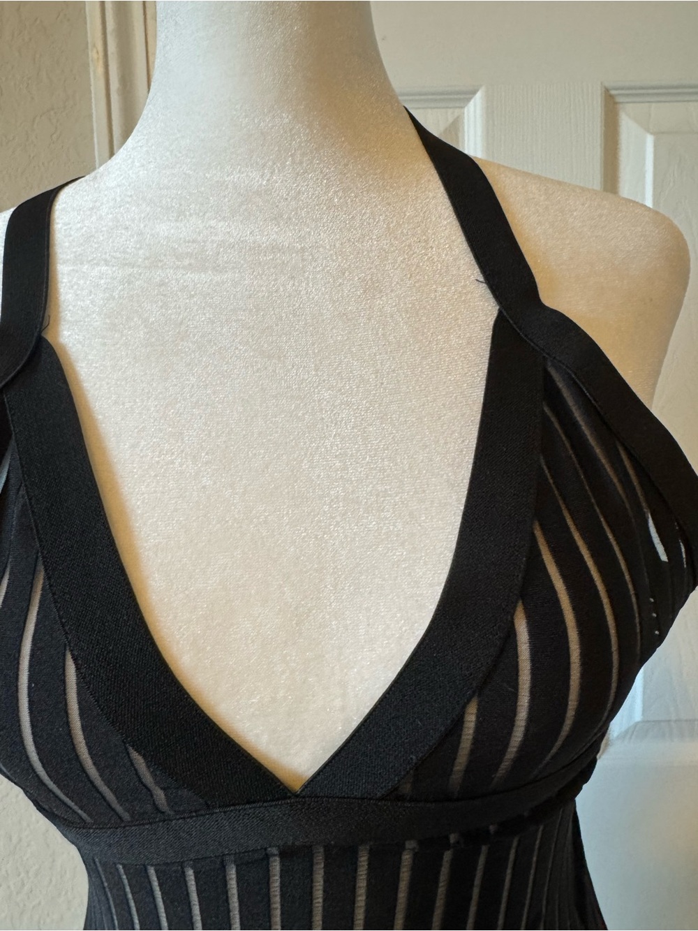 Black Mesh Striped Bandage Dress Size M Crisscross Strap Bodycon Party Dress - Picture 5 of 8